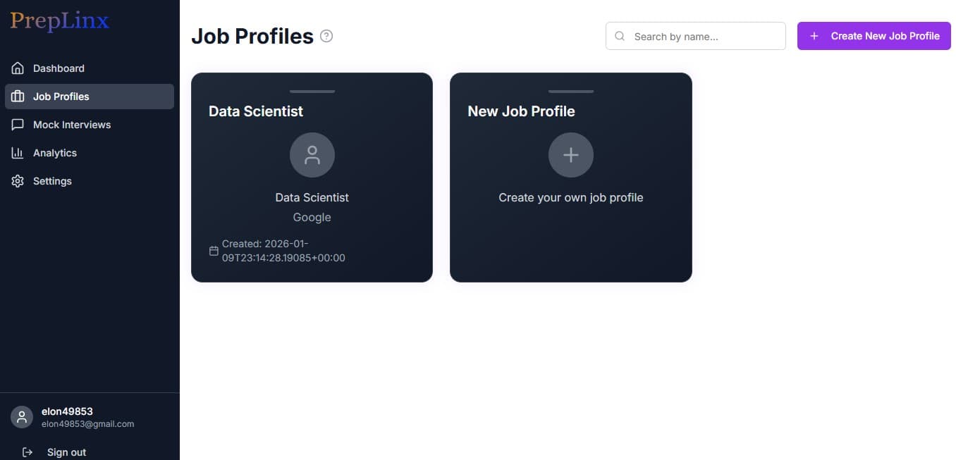 PrepLinx job profiles: a saved Data Scientist profile and a card to create a new one