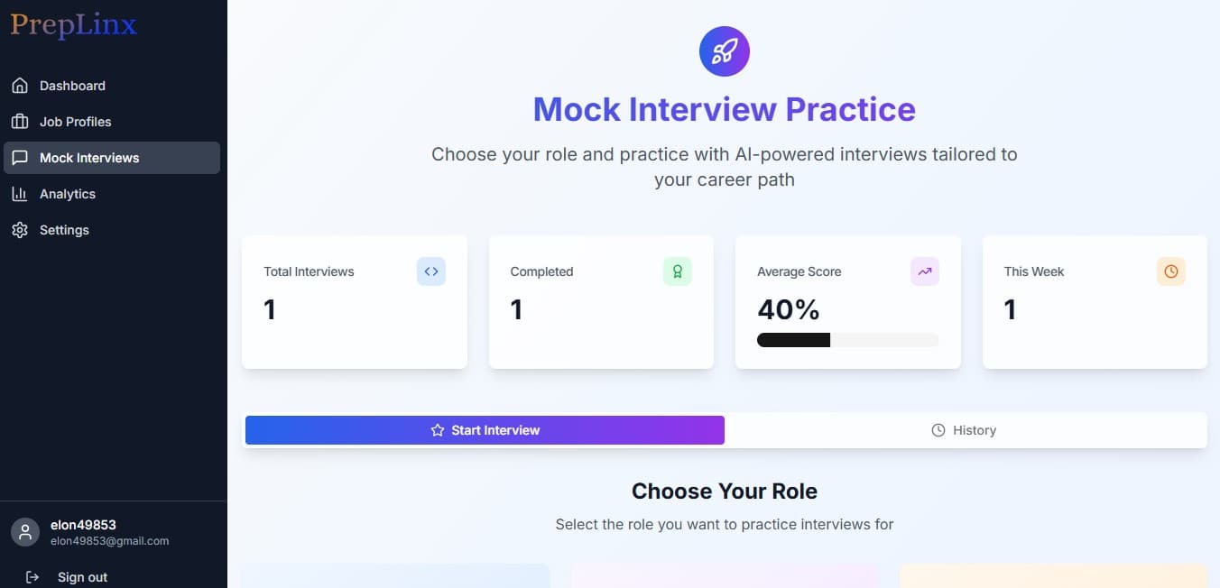 The PrepLinx mock interviews page: interview stats and the button to start one